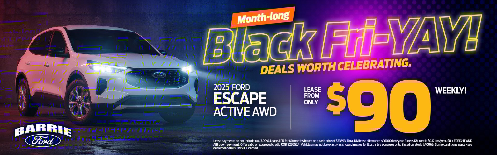 2025 Ford Escape Active AWD in white with promotional text highlighting a $90 weekly lease offer at Barrie Ford's Black Fri-YAY event.